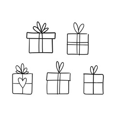 Christmas gift box doodle. Hand drawn present with ribbon illustration. Merry Xmas decorative element.
