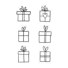 Christmas gift box doodle. Hand drawn present with ribbon illustration. Merry Xmas decorative element.