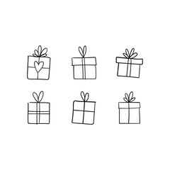 Christmas gift box doodle. Hand drawn present with ribbon illustration. Merry Xmas decorative element.