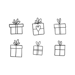 Christmas gift box doodle. Hand drawn present with ribbon illustration. Merry Xmas decorative element.