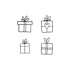 Christmas gift box doodle. Hand drawn present with ribbon illustration. Merry Xmas decorative element.