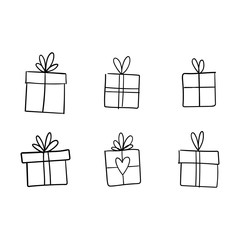 Christmas gift box doodle. Hand drawn present with ribbon illustration. Merry Xmas decorative element.