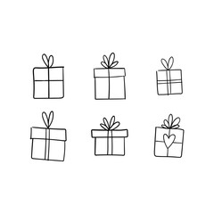 Christmas gift box doodle. Hand drawn present with ribbon illustration. Merry Xmas decorative element.