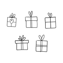 Christmas gift box doodle. Hand drawn present with ribbon illustration. Merry Xmas decorative element.