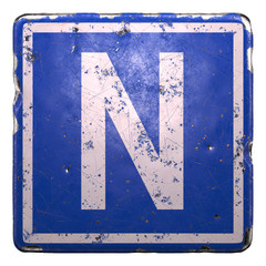Public road sign in blue color with a capitol white letter N in the center isolated background. 3d