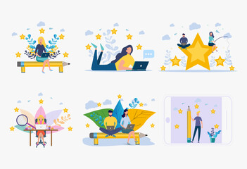 Colorful illustration on white background. The best performance score, a score of five. people leave reviews and comments, the highest rating for successful work. Earth Day hour , green planet.