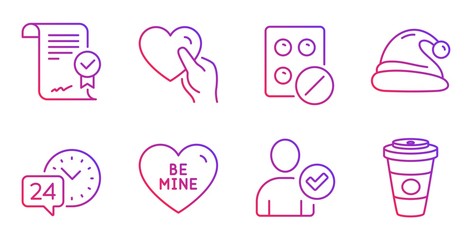 Hold heart, Be mine and 24h service line icons set. Medical tablet, Santa hat and Identity confirmed signs. Approved agreement, Takeaway coffee symbols. Friendship, Love sweetheart. Vector