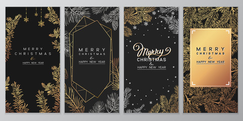 Christmas Poster set of Christmas Background with golden branches of christmas tree.