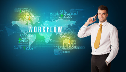 Businessman in front of a decision with WORKFLOW inscription, business concept