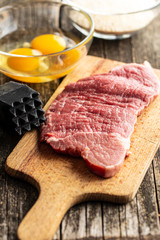 Raw veal schnitzel. Raw meat.