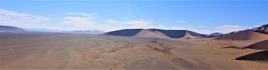 Beautiful scenic panorama view from big daddy also known as Dune 45 in Namim Nationalpark, Sossusvlei, Namibia