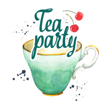 Watercolor Cup. Tea Party Illustration On White Background. Decorative Elements With Traditional Hot Drinks For Your Design. Multicolor Decor.