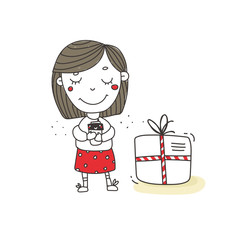 Girl and gift in hand illustration. Can be used in postcards for holidays as well as on the website.