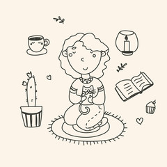 Cozy vector illustration is made in the style of freehand drawing. Cute girl with a kitten, home comfort, Cup, flower, candle, book.