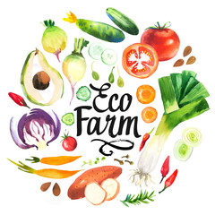 Illustration with watercolor food. Farmer's market. 