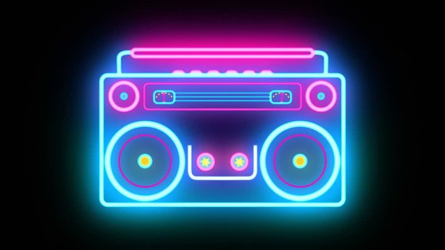 Abstract neon Retro Boombox Music Tape Recorder Radio Old Vintage cassette player for partys and dance occasions. Ghetto blaster with looping vibrating speakers and rolling cassette. Seamless VJ loop