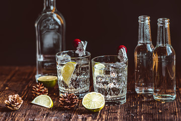 Ideas of winter drinks from gin and tonic for the new year. A bottle of gin and water tonic on a...