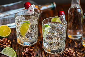 Ideas of winter drinks from gin and tonic for the new year. A bottle of gin and water tonic on a...