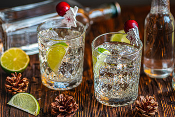 Ideas of winter drinks from gin and tonic for the new year. A bottle of gin and water tonic on a wooden table