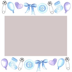 Watercolor frame with balloons, heart, pins, button and bow. Baby birthday elements for cards, invitations or decorative design.