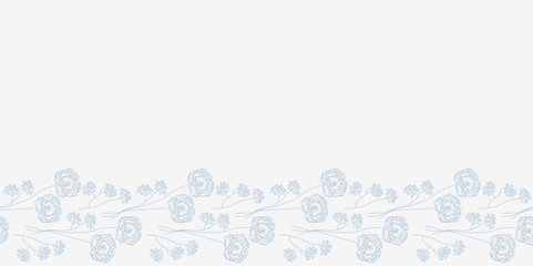 Vector floral delicate pattern in blue and white. Simple outline peony bouquet hand drawn made into repeat. Great for background, wallpaper, wrapping paper, packaging, fashion.