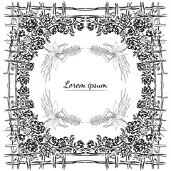 Tropical hand drawn floral frames. Outline set. Jungle foliage illustration. Floral set. Hand drawing. Vector isolated collection. Natural spring wedding card. Summer tropical leaf. Botanical frames