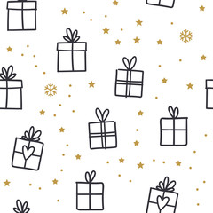 Gift box doodles seamless pattern. Christmas present with ribbons texture background with stars and snowflakes. Merry christmas design. 