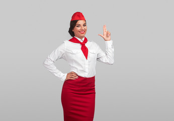 Pleased stewardess gesturing and smiling