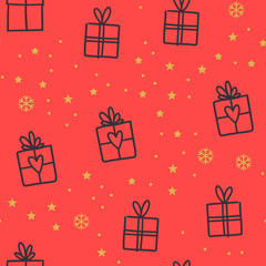 Gift box doodles seamless pattern. Christmas present with ribbons texture background with stars and snowflakes. Merry christmas design. 