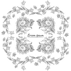 Tropical hand drawn floral frames. Outline set. Jungle foliage illustration. Floral set. Hand drawing. Vector isolated collection. Natural spring wedding card. Summer tropical leaf. Botanical frames