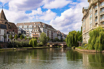 Historic buildings along water canals  of Strasbourg.