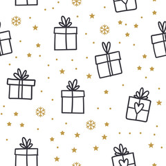 Gift box doodles seamless pattern. Christmas present with ribbons texture background with stars and snowflakes. Merry christmas design. 