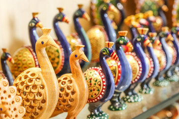 Wood Handicraft Of Colorful Peacock Close Up