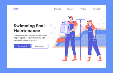 Obraz na płótnie Canvas Swimming pool maintenance. Outdoor cleaning company concept. Characters specialists with cleaning equipment. Vector flat illustration. Landing page template.