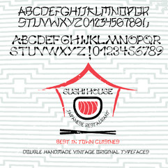Hand drawn font for Japanese restaurant and sushi bars. Designer fiction hieroglyphs inspired typeface. Letters and numbers. Vector Illustration.