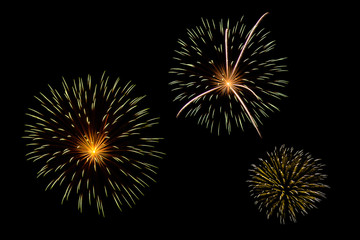 Festive patterned firework bursting in various shapes sparkling pictograms set. Colorful assorted fireworks selection on a black background.