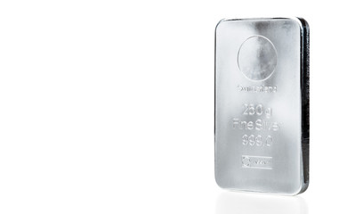 Minted silver bar weighing 250 grams. isolated on the white background.
