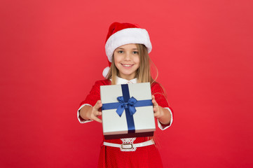 Present for you. Happy child give present box. Little girl smile with xmas present. Wrapped gift. Saint Nicholas Day. Christmas eve. Boxing day. New year. Present from Santa Claus