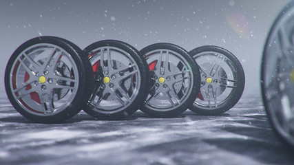 Obraz na płótnie Canvas 3d illustration Winter tires on a with falling snow background of snow storm, snowfall and slippery winter road. Winter tires concept. Concept tyres, winter tread. Wheel replacement. Road safety.