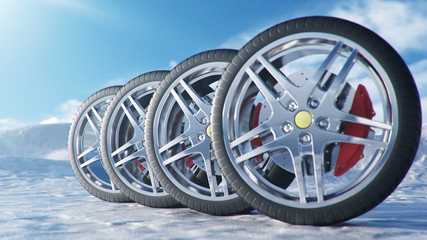 3d illustration winter tires on a background and slippery winter road. Winter tires concept. Concept tyres, winter tread. Wheel replacement. Road safety.