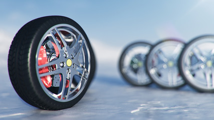 Winter tires on a background of snowstorm, snowfall and slippery winter road. Winter tires concept. Concept tyres, winter tread. Wheel replacement. Road safety. 3d illustration with falling snow