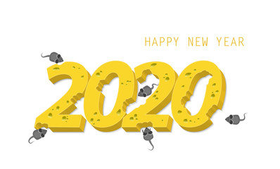 Happy new year with inscription 2020 to the new year with a cheese texture and mouses. Design template for flyers, poster, card, brochure, banner and calendar. Vector.