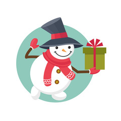 Cute cartoon snowman in big hat and red scarf with Christmas or New Year present. Greeting card, icon, poster. Flat vector illustration 