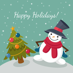 Merry Christmas or Happy New Year greeting card with cartoon snowman in scarf and hat and decorated Christmas tree. Vector illustration