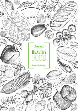 Healthy food frame vector illustration. Vegetables, meat and fish hand drawn. Organic products set. Farm market food collection.