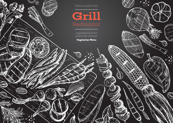 Grilled meat and vegetables top view frame. Vector illustration. Engraved design. Hand drawn illustration. Grill restaurant menu design template. Food on the grill.