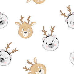 Christmas seamless cute pattern with polar white bear with horns and reindeer. Funny holiday background for kids.