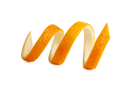 Fresh peel of an orange. twist on peel.Isolated on white