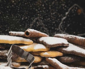 christmas cookies, chritmas stick, frosting, powdered sugar, cinamone, lights
