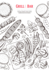 Grill and bar menu design template. Grilled meat and vegetables top view frame. Vector illustration. Engraved design. Hand drawn illustration. Pub food poster. Food on the grill